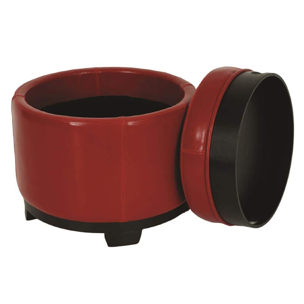 Transitional Round Red Ottoman with Storage Tray