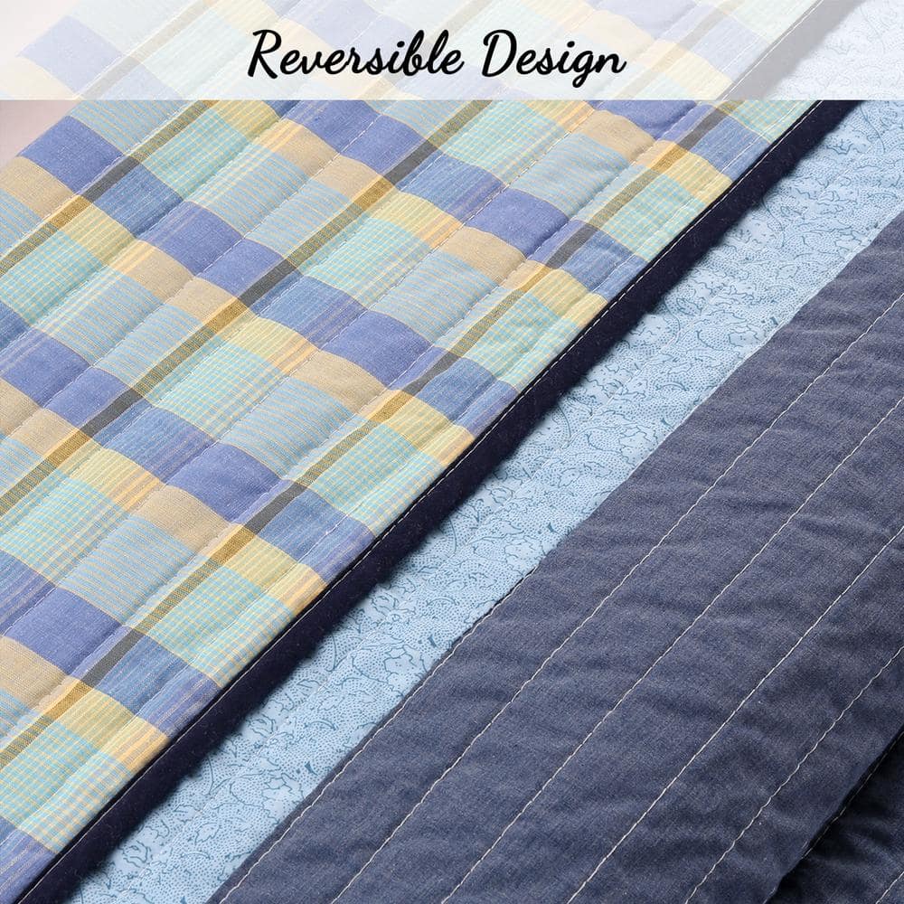 Navy Blue and White Striped Cotton Twin Quilt Set