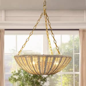 19.7 in. 3-Light Bohemian Antique Gold Chandelier with Woven Rattan Shade for Kitchen Island