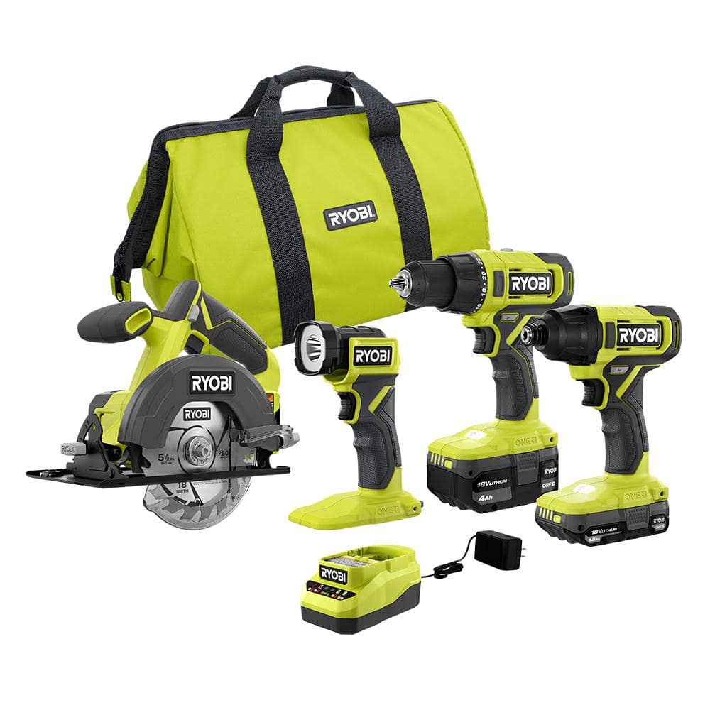 RYOBI ONE+ 18V Cordless 4-Tool Combo Kit with 1.5 Ah Battery, 4.0 Ah  Battery, and Charger PCL1400K2 - The Home Depot