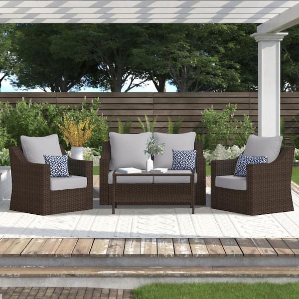 SUNVIVI 4-Piece Wicker Patio Conversation Set with Gray Cushions