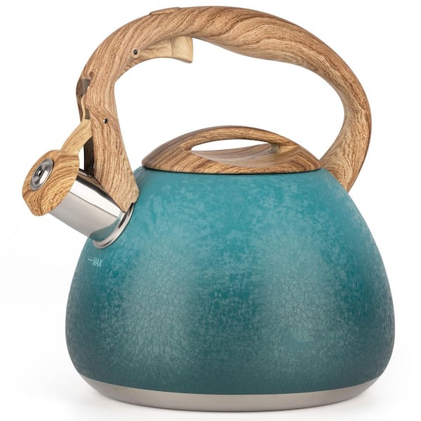 10-Cup Teal Stainless Steel Stovetop Tea Kettle with Wood Pattern Handle, Suitable for All Heat Sources