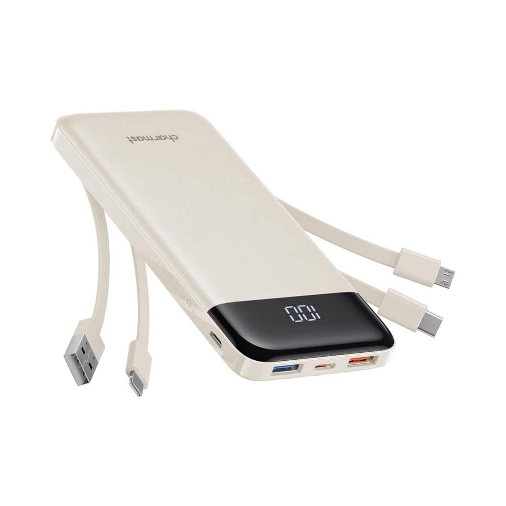 10000 mAh Portable Charger with Built in Slim Cables, 6 Outputs-White
