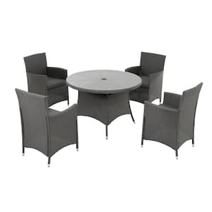 3-Piece Wicker Outdoor Dining Set with Dining Table, Umbrella Hole and Gray Cushions for Patio Backyard and Garden