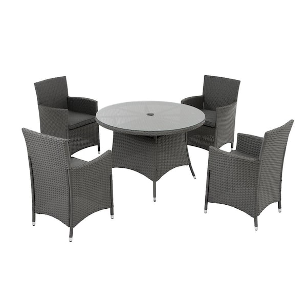 Zeus & Ruta 3-Piece Wicker Outdoor Dining Set with Dining Table, Umbrella Hole and Gray Cushions for Patio Backyard and Garden