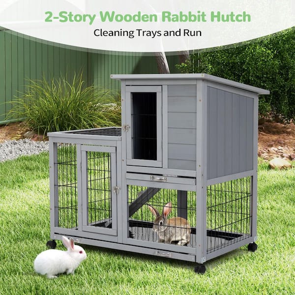 Wooden Rabbit Hutch Bunny Cage Small Animal House with 4 Casters