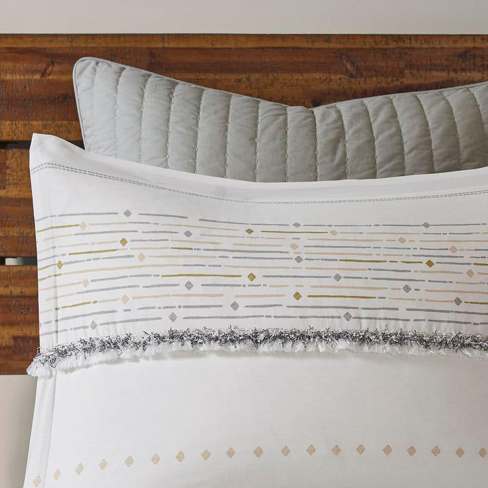 Full Off-White and Gray Cotton Comforter Set with Trims
