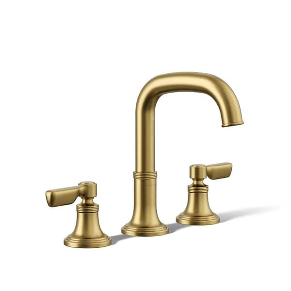 Paces 8 in. Widespread Double Handle Bathroom Faucet with Lever Handles in Vibrant Brushed Moderne Brass