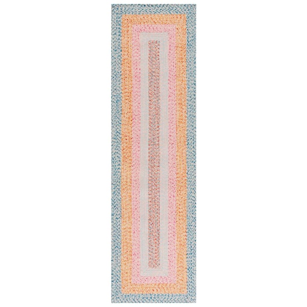 Braided Aqua/Pink 2 ft. x 8 ft. Machine Washable Solid Striped Border Runner Rug