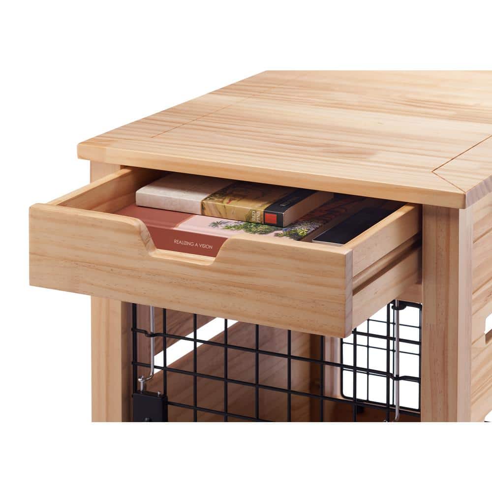 Small Beige and Brown Pine Wood Pet Crate End Table