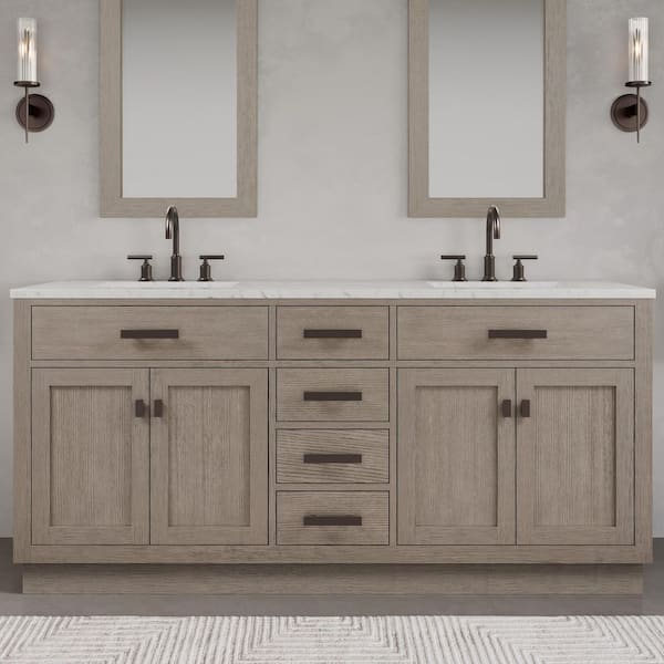 Chestnut 72 in. W x 21.5 in. D x 34.2 in. H Double Sink Bath Vanity in Grey Oak with Carrara White Marble Top