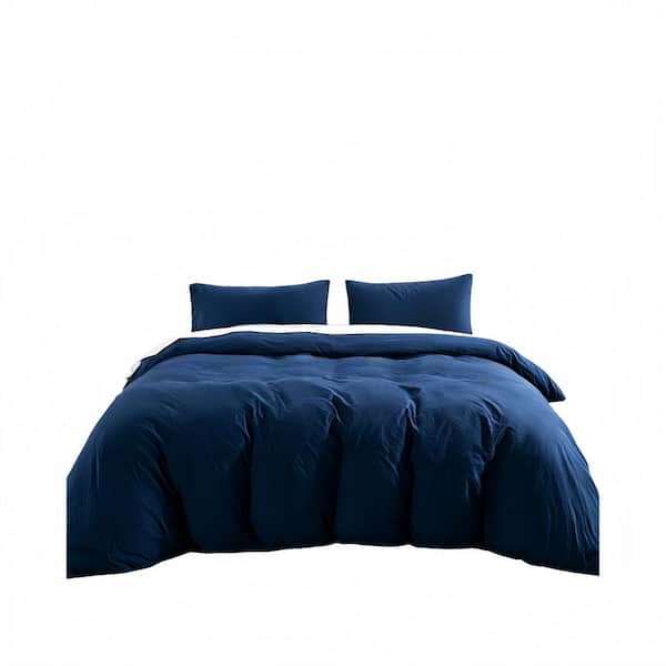 Navy 3-Piece - 100% Certified Organic Cotton Duvet Cover Set , Linen-Like Texture, Breathable, Queen Size