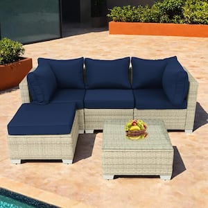 Gray 5-Piece Wicker Outdoor Patio Conversation Seating Sofa Set with Dark Blue Cushions