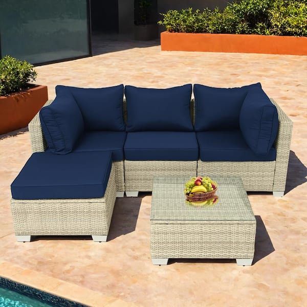 fiziti Gray 5-Piece Wicker Outdoor Patio Conversation Seating Sofa Set with Dark Blue Cushions