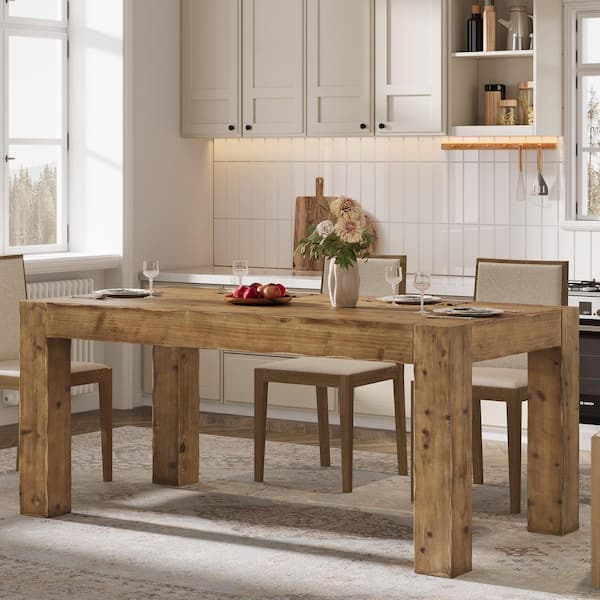 Roesler Rustic Brown Solid Wood 63 in. 4 Legs Dining Table Seats 4-6, Rectangle Farmhouse Table for Dining Room Kitchen
