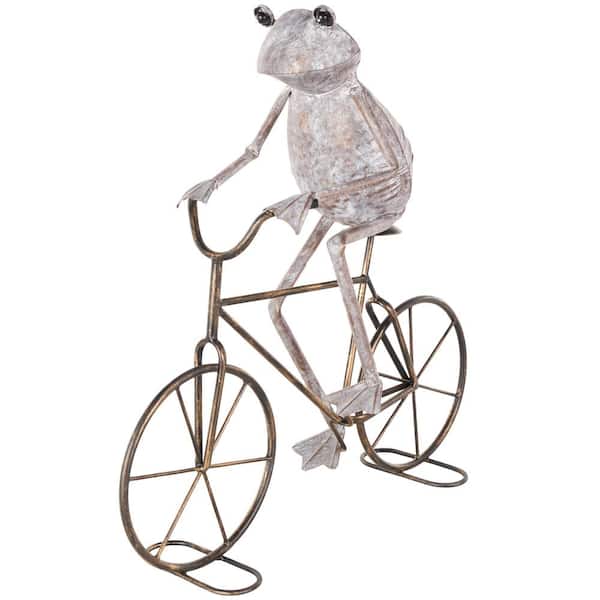 Litton Lane 20 in. Metal On Bicycle Frog Garden Sculpture with Gold Accents