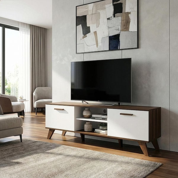 Annis 63 in. Walnut and White Composite TV Stand Fits TVs Up to 89 in. with Storage Doors