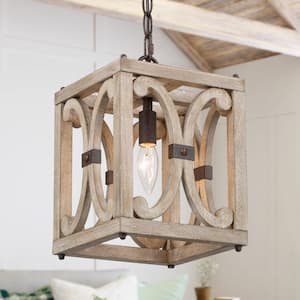 Modern Farmhouse Square Wood Chandelier with Rusty Bronze Accent, 1-Light Rustic Antique Caged Pendant for Kitchen Entry