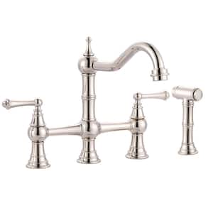 Double Handle Bridge Kitchen Faucet with Side Sprayer in Polished Brass
