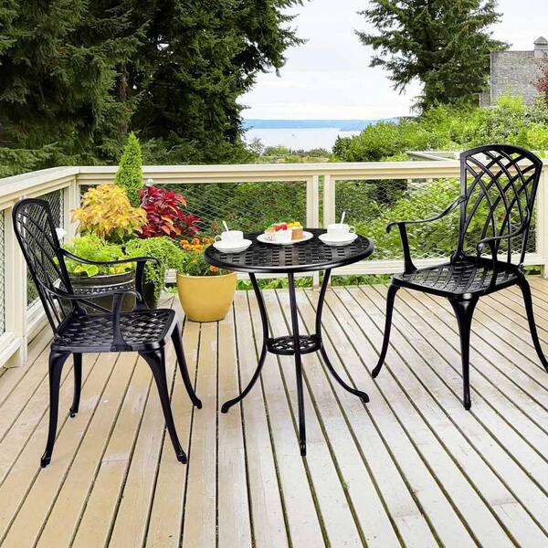 AndMakers 3 Piece Black Cast Aluminum Patio Bistro Set with Umbrella Hole IH 0X1AJR00 The Home Depot