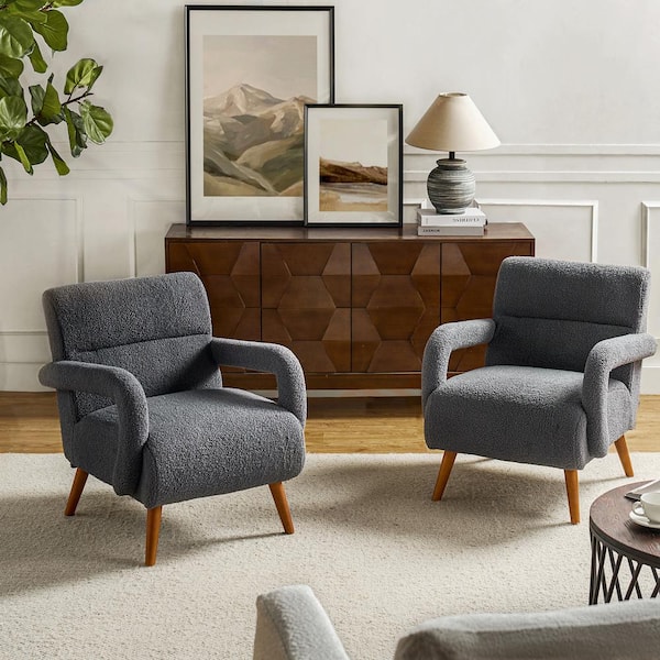 JAYDEN CREATION Melanie Modern Boucle Armchair with Solid Wood Legs Set of 2-Grey