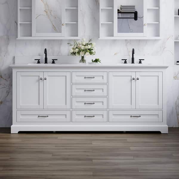 QUE 80 in. W Solid Wood Double Sink Bath Vanity in White with White Cultured Marble Top, Soft-Close Drawers, Assembled