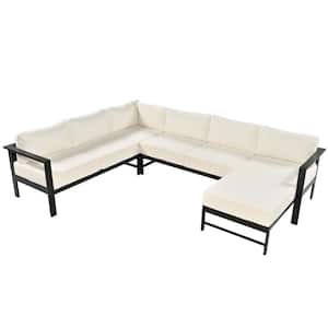 Black Aluminum U-shaped Outdoor Sectional Set with White Cushions