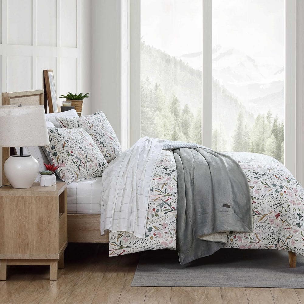 Twin White Cotton Reversible Floral Comforter Set