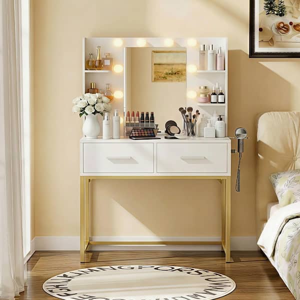 Modern White and Gold Makeup Vanity Desk with LED Lighted Mirror, 2 Storage Drawers and Built-In Charging Station