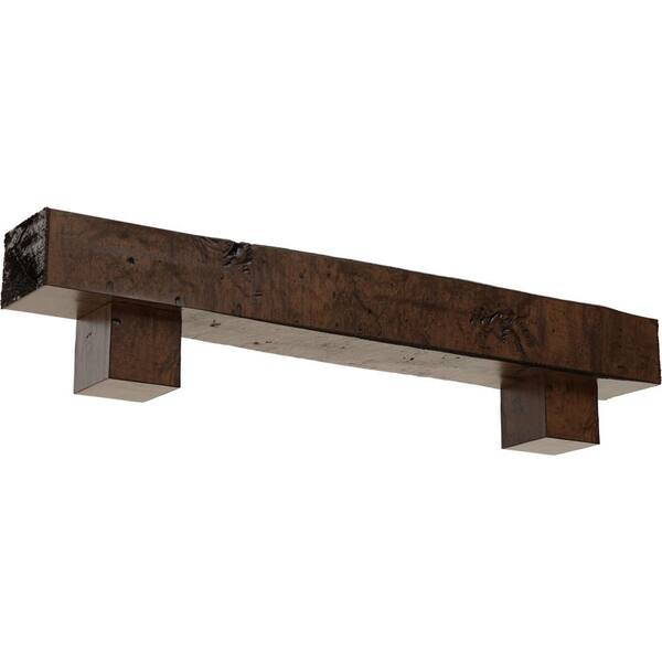 Ekena Millwork 8 in. x 12 in. x 4 ft. Knotty Pine Faux Wood Fireplace Mantel Kit, Alamo Corbels, Premium Aged