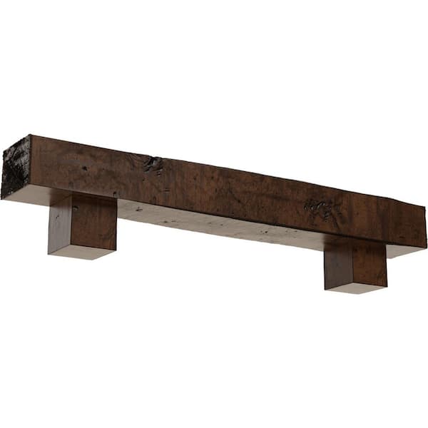 Ekena Millwork 8 in. x 12 in. x 7 ft. Knotty Pine Faux Wood Fireplace Mantel Kit, Alamo Corbels, Premium Aged