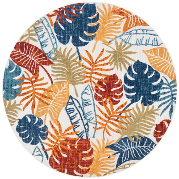 SAFAVIEH Cabana Cream/Red 4 ft. x 4 ft. Geometric Leaf Indoor/Outdoor Patio  Round Area Rug
