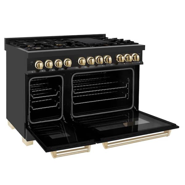 Autograph Edition 48 in. 7 Burner Double Oven Dual Fuel Range in Black Stainless Steel and Polished Gold