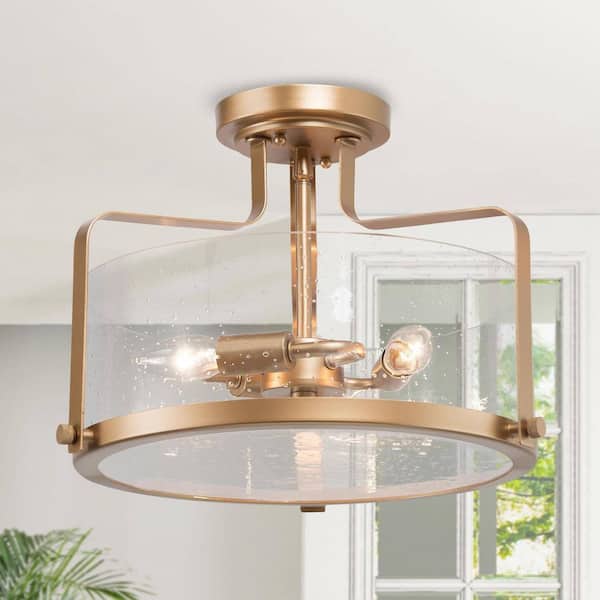 LNC Modern 15 in. 3-Light Satin Gold Drum Semi-Flush Mount with Clear Seed Glass Shade for Bedroom, Kitchen