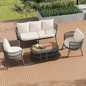 4-Piece Grey Rattan Patio Outdoor Conversation Set with Beige Cushions and 1 Coffee Table