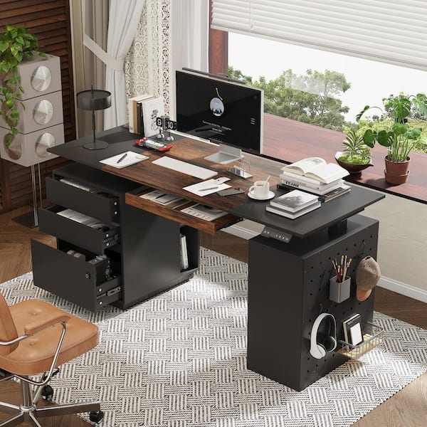 63 in. W U-Shaped Black Adjustable Height Desk Ergonomic Desk Workstation Home Office with Cabinet, Bookshelf, Perfboard