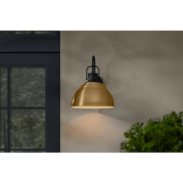 Shelston 15.5 in. 1-Light Black and Gold Outdoor Barn Light Wall Fixture with Metal Shade