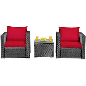 3-Piece Wicker Patio Conversation Seating Set Red Cushion