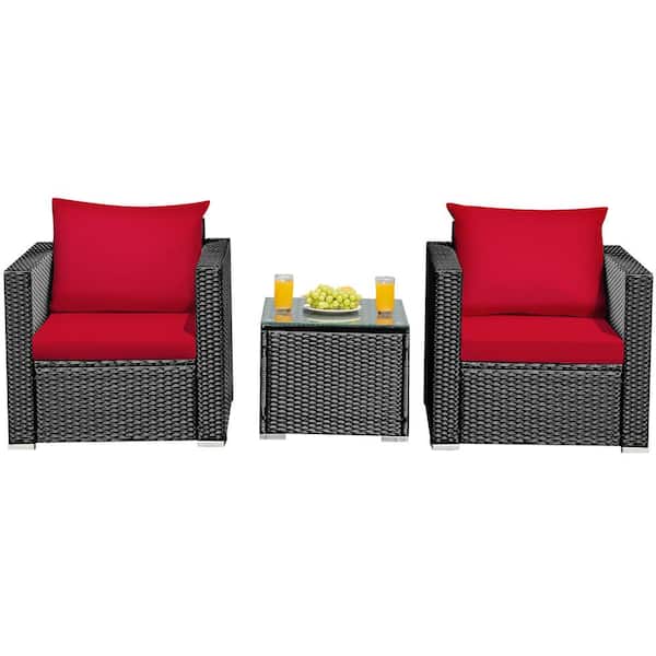 Costway 3-Piece Wicker Patio Conversation Seating Set Red Cushion