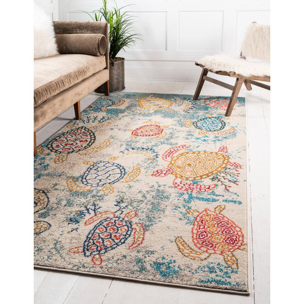 Coastal Sea Turtle Blue and Beige 4' x 6' Rug