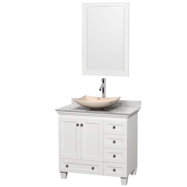 Wyndham Collection Acclaim 36 in. W Vanity in White with Marble Vanity Top in Carrara White, Ivory Marble Sink and Mirror