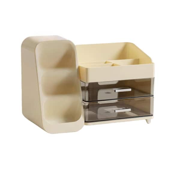 Large Makeup Organizer with Brush Holder for Lipsticks, Nail Polishes, Perfumes, Eyeshadow Palettes, Beige