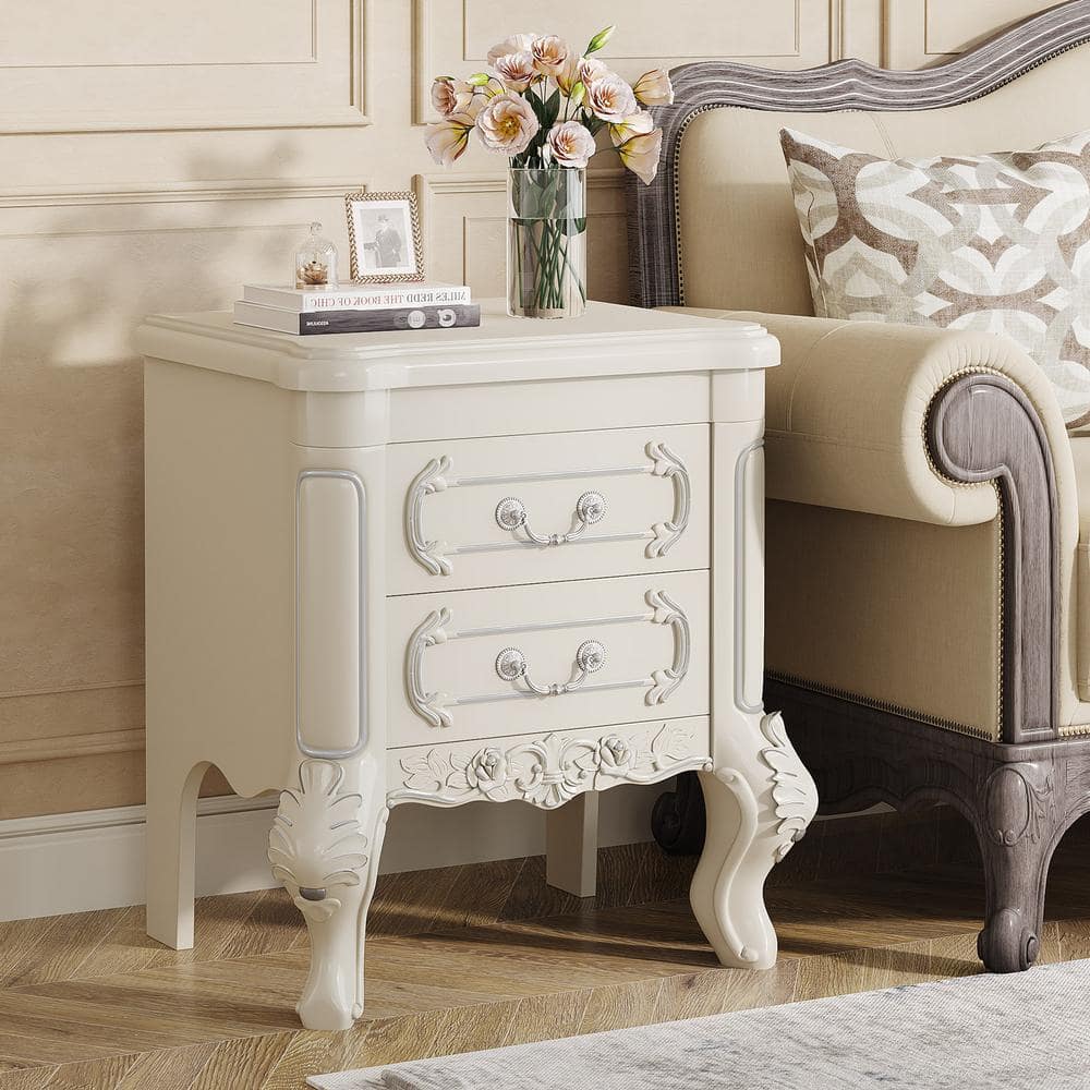Cream White Carved Wood Nightstand with Silver Accents and 2 Drawers