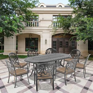 Elizabeth Black 9-Piece Cast Aluminum Outdoor Dining Set with Oval Table and Dining Chairs and Random Color Seat Cushion