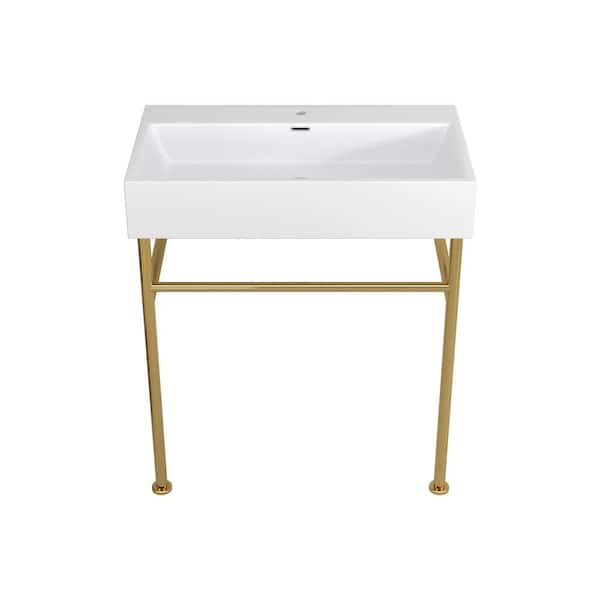 30 in. Ceramic White Single Bowl Console Sink Basin and Gold Leg Combo with Overflow and Pre-Drilled Faucet Hole