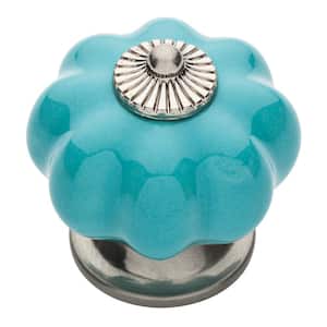 1-1/2 in. (38 mm) Satin Nickel and Teal Ceramic Melon Cabinet Knob