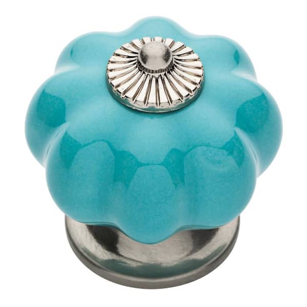 Liberty Ceramic Melon 1-3/4 in. (45 mm) Satin Nickel and Blue Round Cabinet Knob