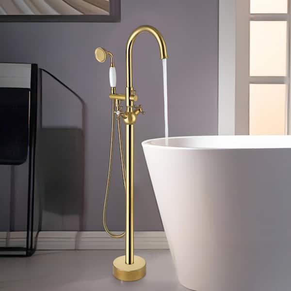 UPIKER Double Handle Freestanding Floor Mount Tub Filler Faucet with Hand Shower and Swivel Spout in Ti Gold