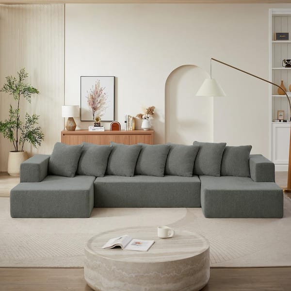 128 in. W Square Arm Chenille 6-Piece U-Shaped Sectional Sofa in Gray with Ottoman