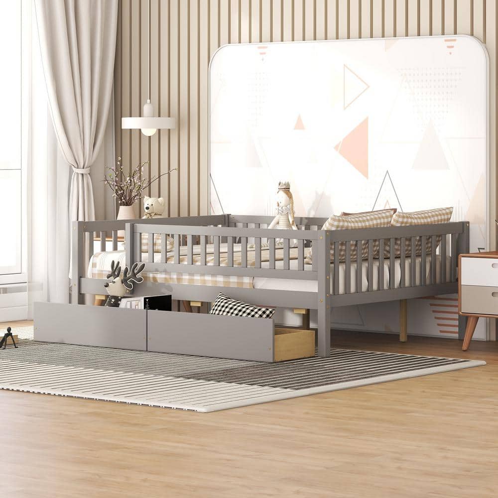 Gray Full Size Wood Platform Bed with Full-Length Guardrail and 2-Drawers
